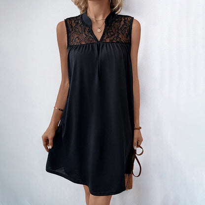 Women Summer Sleeveless Loose Solid Color Lace Stitching Dress