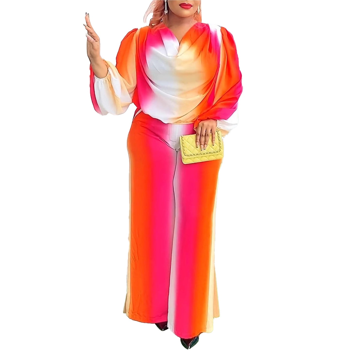 Lantern Sleeve Non Positioning Printing Swing Collar Wide Leg Pants Sets