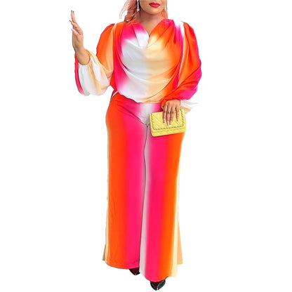 Lantern Sleeve Non Positioning Printing Swing Collar Wide Leg Pants Sets