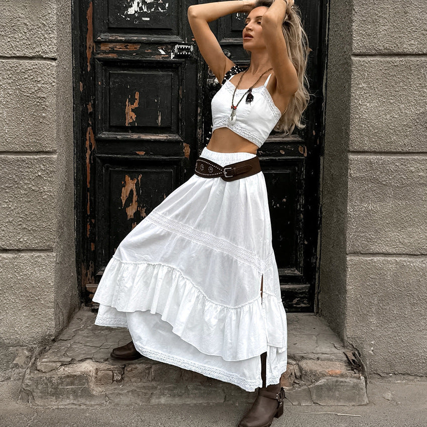 Spring Summer Sexy Design White Cotton Linen Sleeveless Square Collar Short Top Mid Waist Split Skirt Two Piece Sets