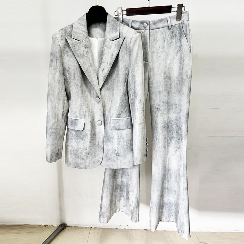 Spring Tie Dyed Printed Slim Fit Mid Length Blazer Trousers Two Piece Set