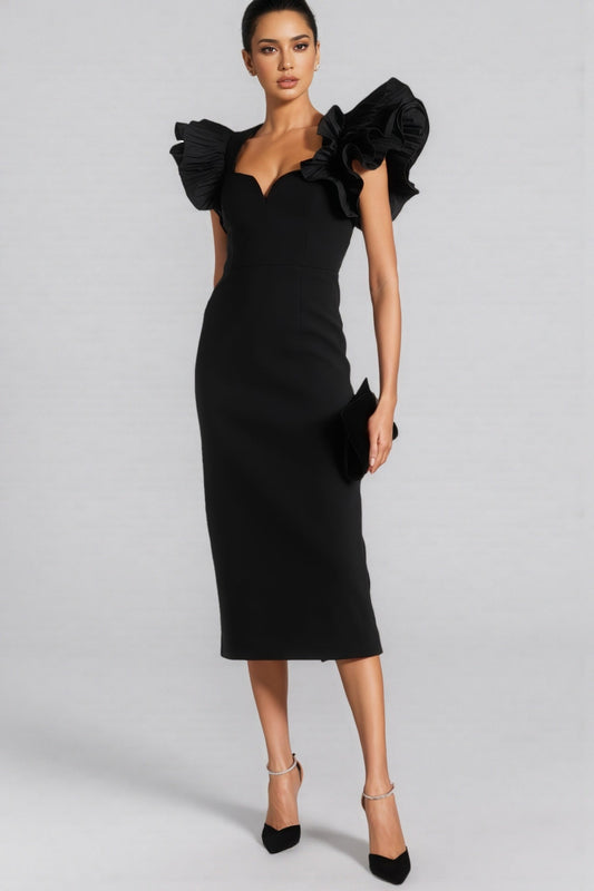 Starsha Black Puff Sleeve Midi Dress