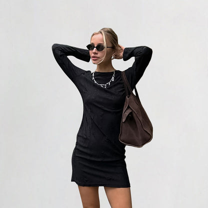 Autumn Simplicity Knitted Retro round Neck Slim Slimming Hip Dress Gray Dress Women Clothing