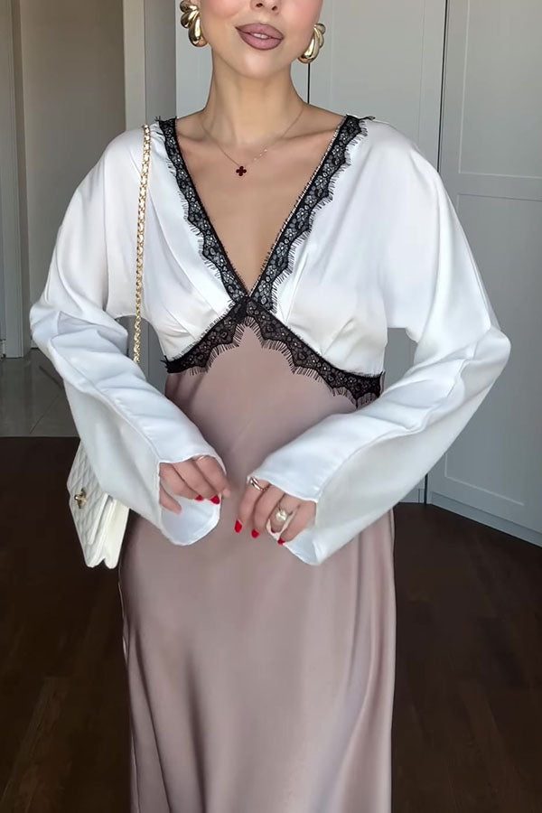 Lainei Contrast Color Satin Lace Trim V-neck Long Sleeve Maxi Dress