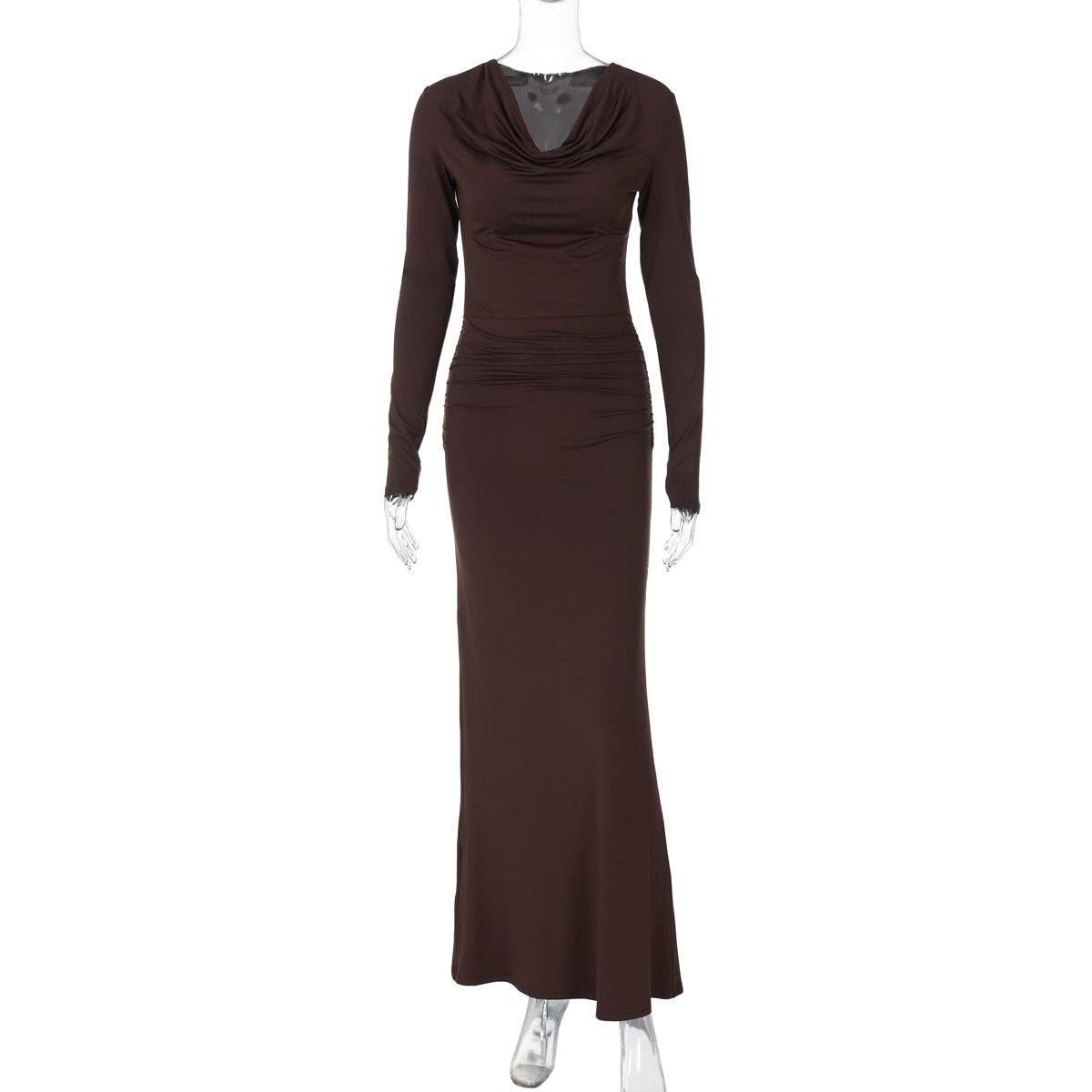 Winter Women Clothing Swing Collar Long Sleeve Pleated Slim Sheath Dress