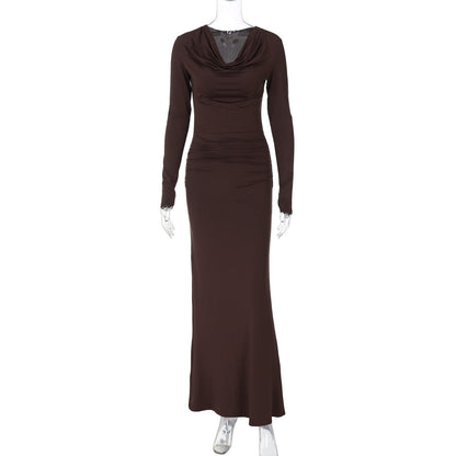 Winter Women Clothing Swing Collar Long Sleeve Pleated Slim Sheath Dress