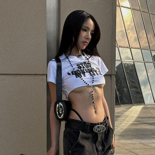 Autumn Sexy Cropped T shirt Casual Slim Fit All Match Letters Printed Minicoat Women Clothing