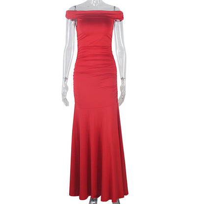 Women Wear Solid Color Elegant Tube Top Fairy Dress Zipper Raglan Sleeve off Neck Length Dress