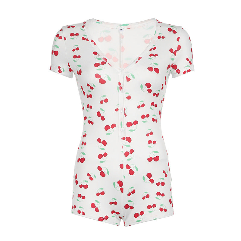 Sexy Cherry Short Sleeved Jumpsuit Tight Sexy Breasted Home Comfortable Romper