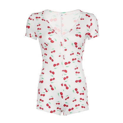 Sexy Cherry Short Sleeved Jumpsuit Tight Sexy Breasted Home Comfortable Romper