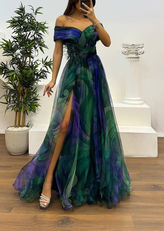 Fairy Flower Feather Pendant Elegant Fallen Fold Off Shoulder Party Split Design Long Dress