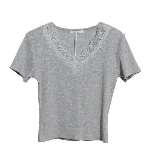 Summer Romantic Lace V neck Sexy T shirt Short Small Slim Short Sleeved Tops