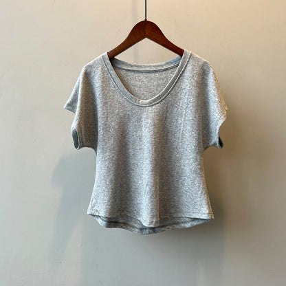 Three Dimensional Simple U Neck Short Sleeved T shirt for Women Summer Slimming Wide Sleeved Top