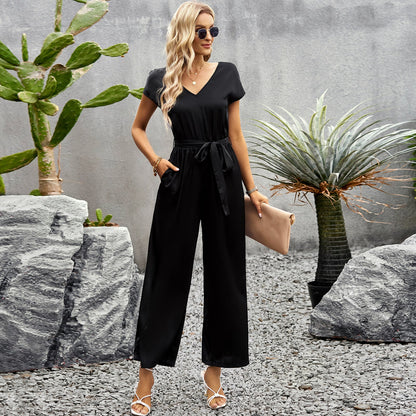 Solid Color Jumpsuit Women Summer Office Loose Fitting Wide Leg Trousers