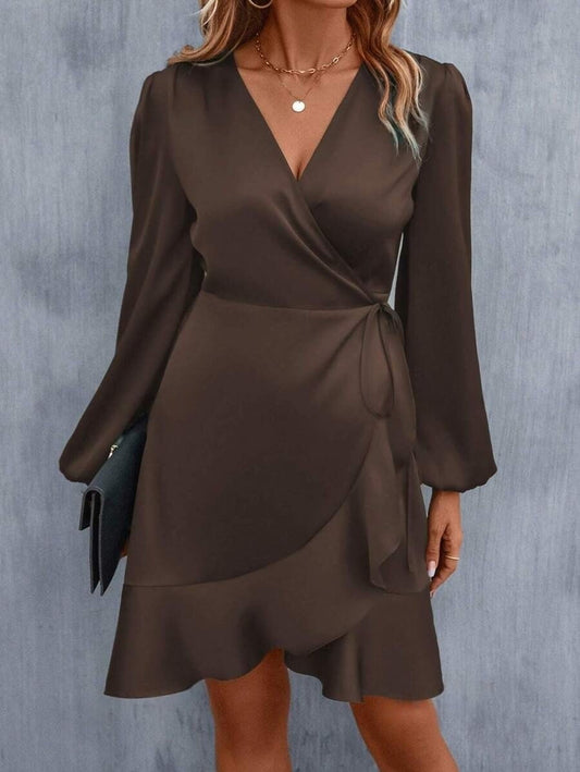 V neck Dress Satin Waist Tight Low Cut Casual Midi Dress Sweet Women Clothing