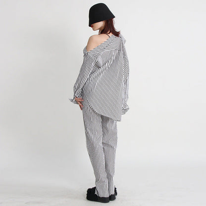 Urban Casual Simple Autumn Irregular Asymmetric Multi Way Shirt Mid Waist Straight Trousers Striped Set