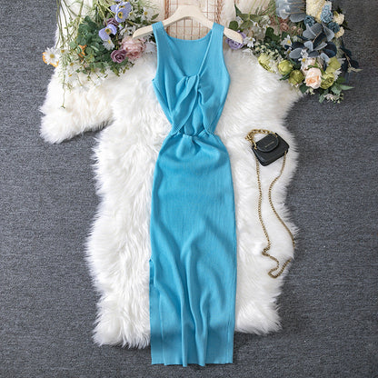 Women Clothing Summer Sexy Kinked Chest Flattering Machine Hollowed Reversible Knitted Dress