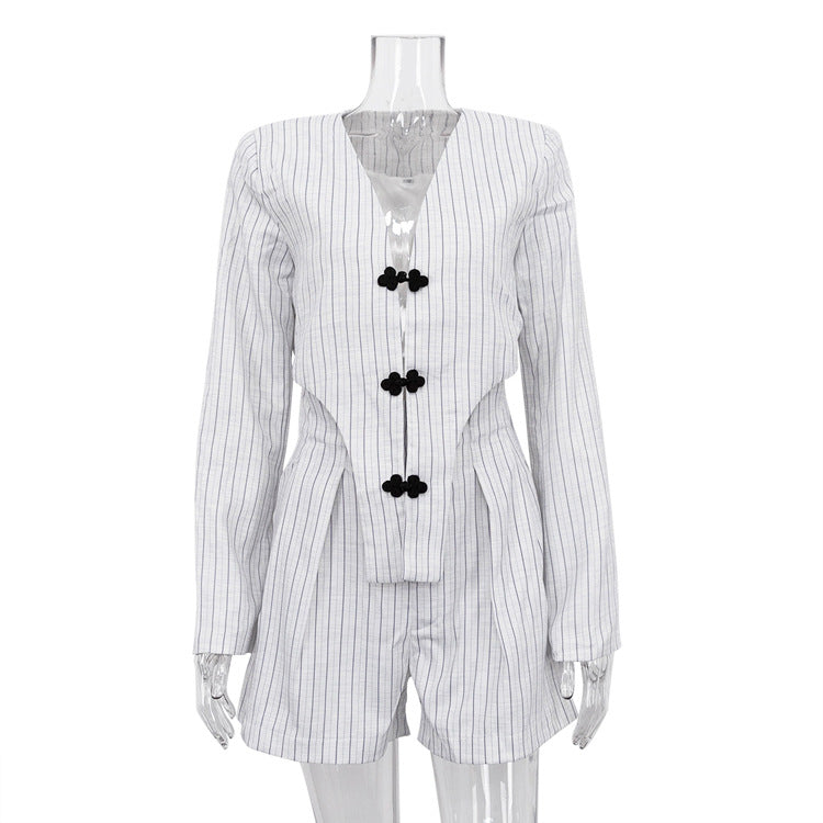 Women Spring Clothing Chinese Niche Design Long Sleeve Deep V Plunge Jacket High Waist Shorts Striped Set