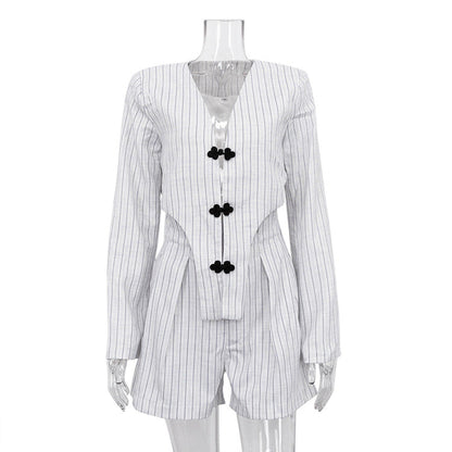 Women Spring Clothing Chinese Niche Design Long Sleeve Deep V Plunge Jacket High Waist Shorts Striped Set