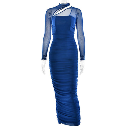 Women Dress Mesh round Neck Long Sleeve Backless Tube Top Slim Fit Pleated Dress