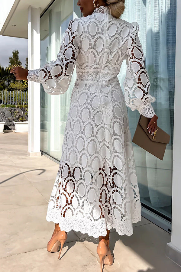 French party sensual party elegant crochet lace lantern sleeves party MIDI skirt 
