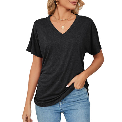 Summer Casual Pullover V Neck Solid Color Loose T Shirt Women Top