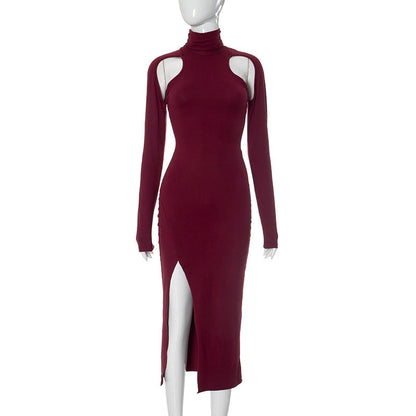 Women Sexy Slim Deep Cerise Hollow Out Cutout Split Mid Length Dress