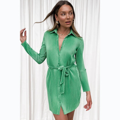 Spring Summer Solid Color Pleated Single Breasted Shirt Dress