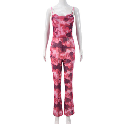 Women Clothing Autumn Mesh Floral Print Backless Sexy Suspenders Jumpsuit