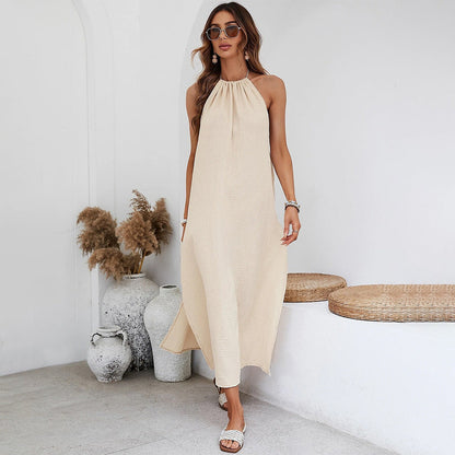 Woven Elegant Design Bare Back Seaside Holiday Halter Dress