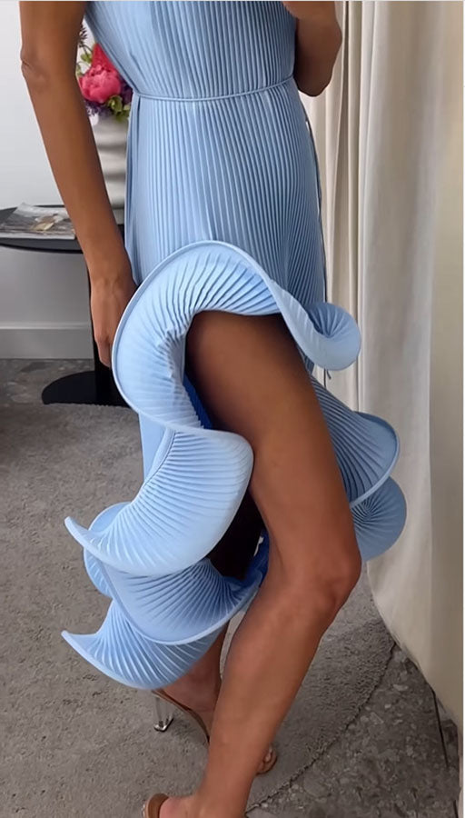 Solid Color Sleeveless Waist Tie Irregular Ruffle Slim Midi Dress