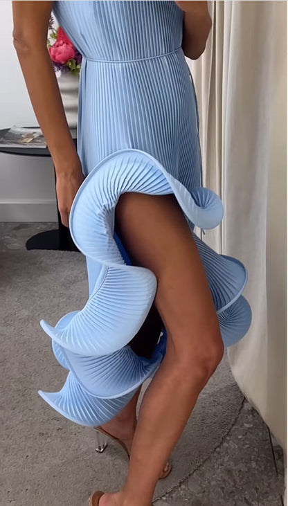 Solid Color Sleeveless Waist Tie Irregular Ruffle Slim Midi Dress