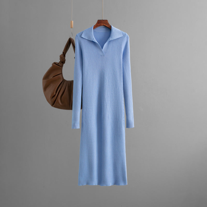 Long Autumn Winter Dress Polo Collar Knitted Solid Color Slim Fit Slimming Base dress Women Clothing