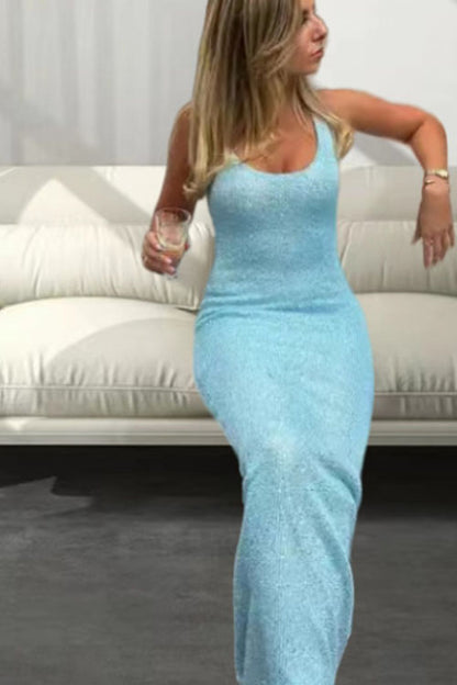 U Neck Sleeveless Sequin Bodycon Maxi Dress