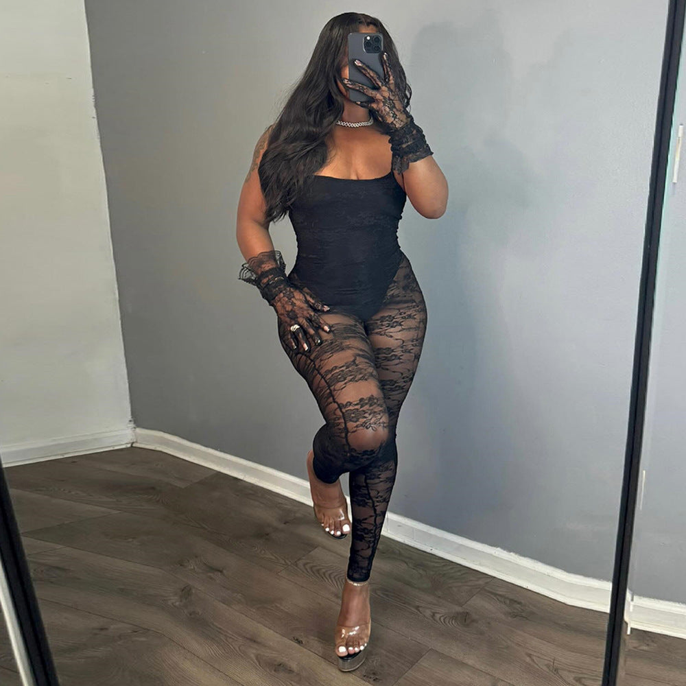 Sexy Fall Women Clothing Sling Stitching Sheer Cutout High Elasticity Jumpsuit