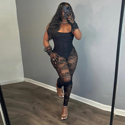 Sexy Fall Women Clothing Sling Stitching Sheer Cutout High Elasticity Jumpsuit