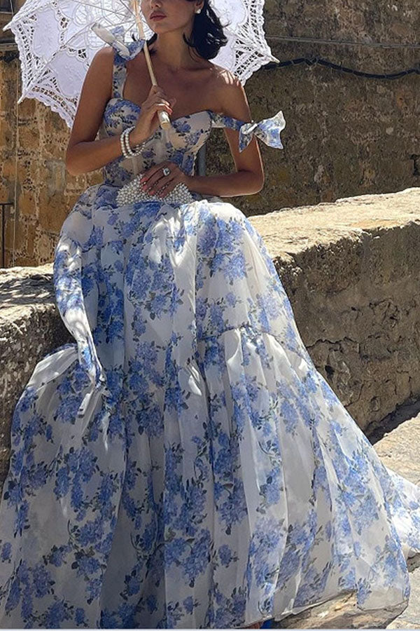 Fairytale Itself Organza Floral Print Tie Strap Maxi Dress