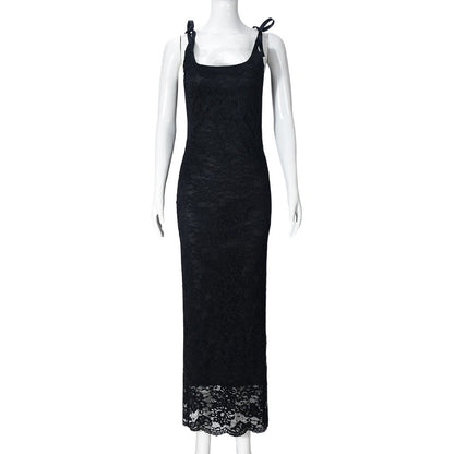 Women Clothing Spring Summer Lace Bow Sexy Backless Lace Double Layer Length Dress