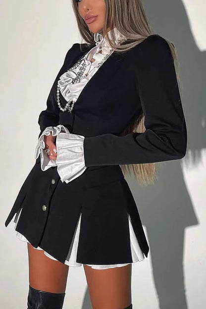 Altair Contrast Ruffled Shirt Patchwork Button Pleated Blazer Mini Dress