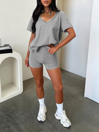 Short Sleeve Spring Summer V neck Casual Solid Color Set Women
