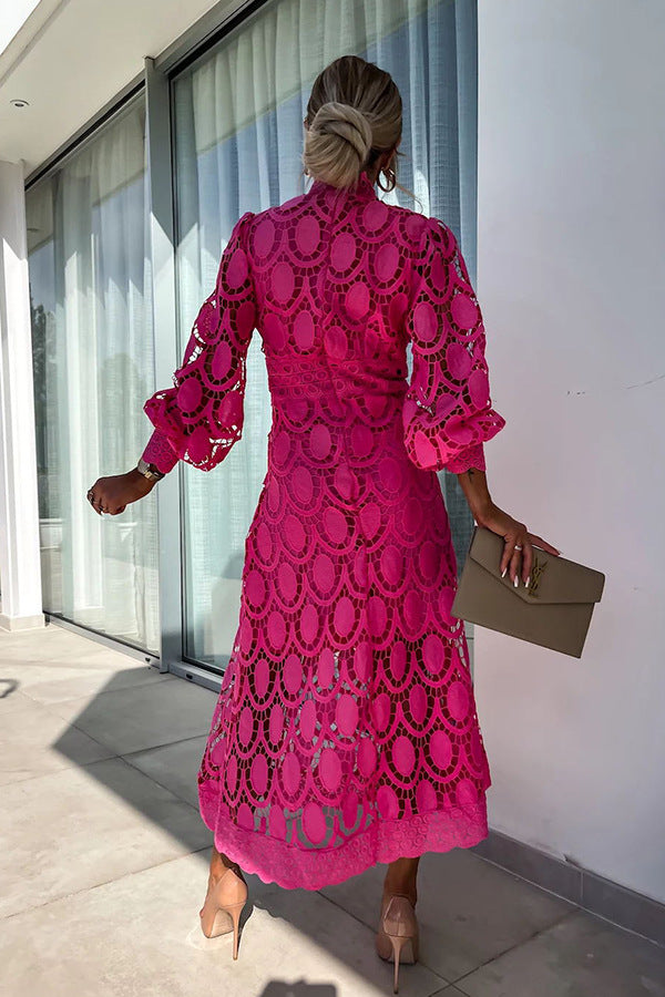 French party sensual party elegant crochet lace lantern sleeves party MIDI skirt 