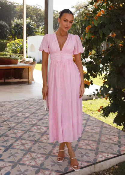 Rosalie – Puff Sleeve Button-Front Midi Dress