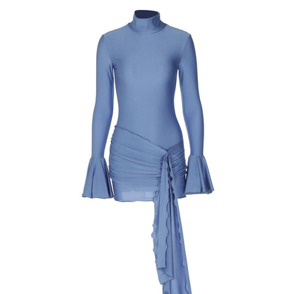 Women Clothing Autumn Solid Color Half Collar Bell Sleeve Sexy Tight Hip