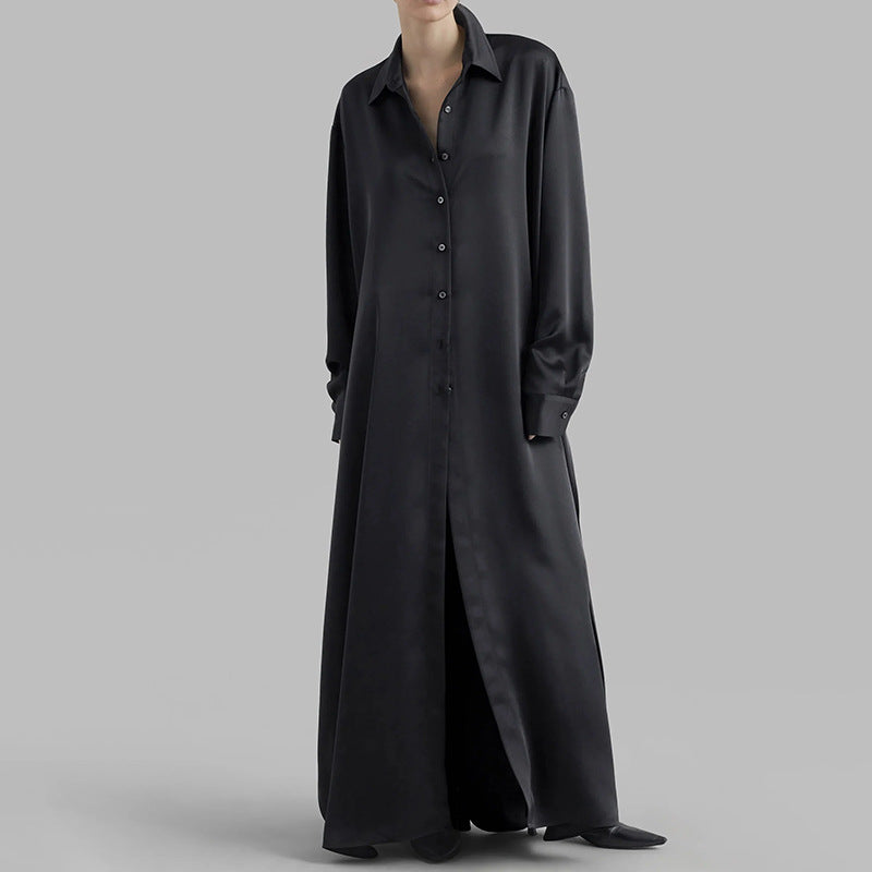 Fall Casual Collared Side Slit Simple All Match Long Sleeves Long Shirt for Women