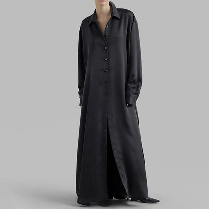 Fall Casual Collared Side Slit Simple All Match Long Sleeves Long Shirt for Women