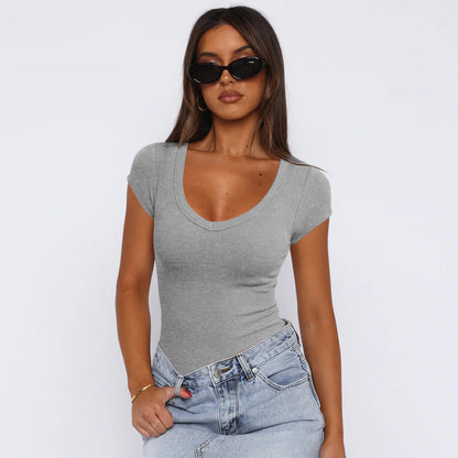 Thread Egg Shaped Collar Clothes Summer Slim Fit Short Sleeved T shirt Shoulder Top for Women