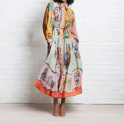 Women Clothing Vintage Printed Lantern Sleeve Waist Controlled Large Hem Dress