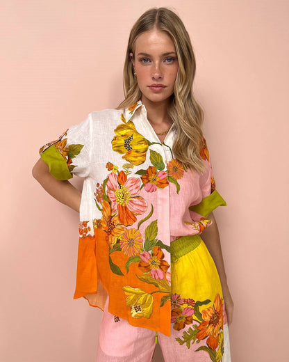 Printed Cotton Linen Two-Piece Suit Outfit Top Wide Leg Pants Amplified craft