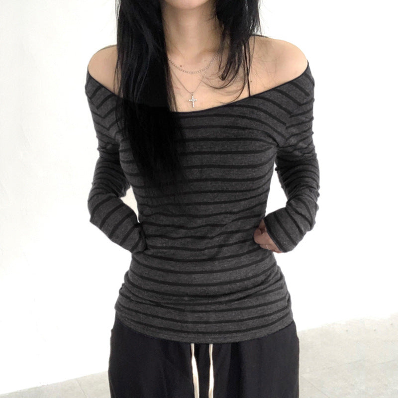 Off Shoulder Striped Lightweight Slim Fit Long Sleeve Blouse Sexy off Shoulder Simple All Match Slim Fit Casual Shirt