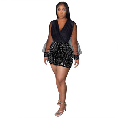 Sexy Drilling V neck Stitching See through Sleeve Hip Stretch Dress